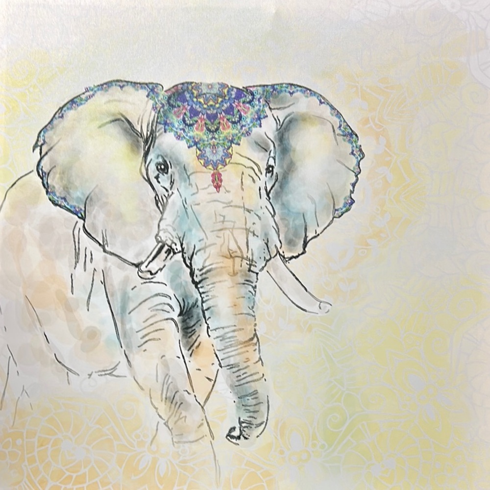 Colorful Elephant Aquarelle Watercolor Artwork w Mandala Headpiece 20x20”